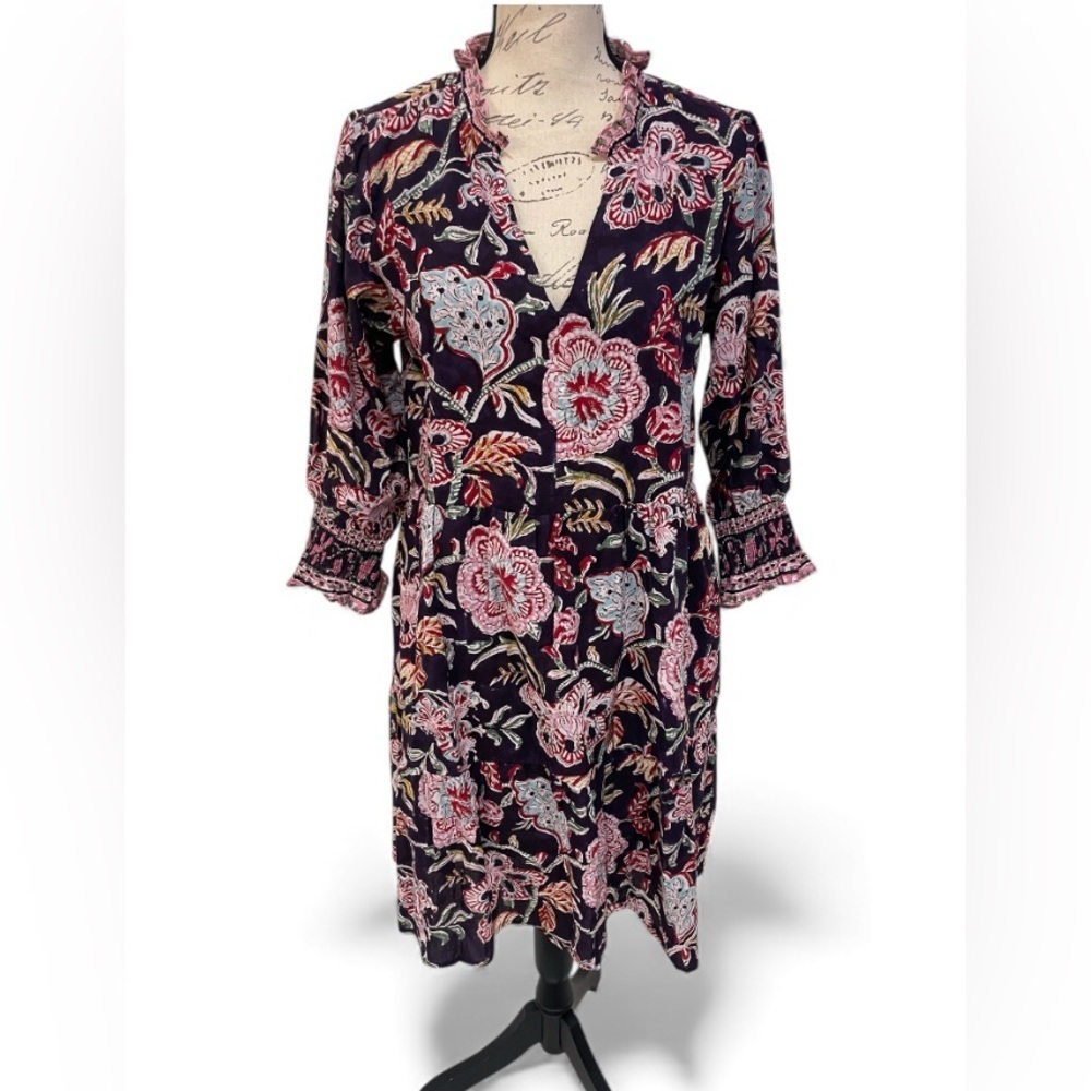 CHARLEE Boho Floral 100% Cotton Dress Size M | Handblock Style | Pockets